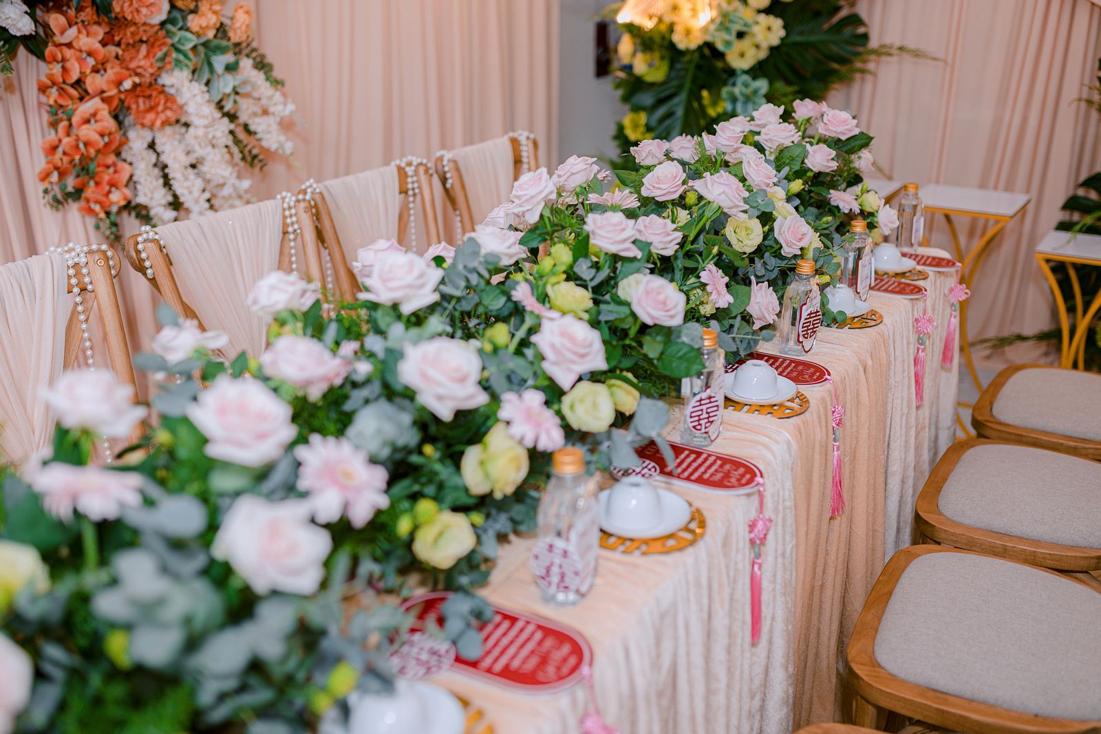 Beautifully decorated wedding dining table with flowers and candles